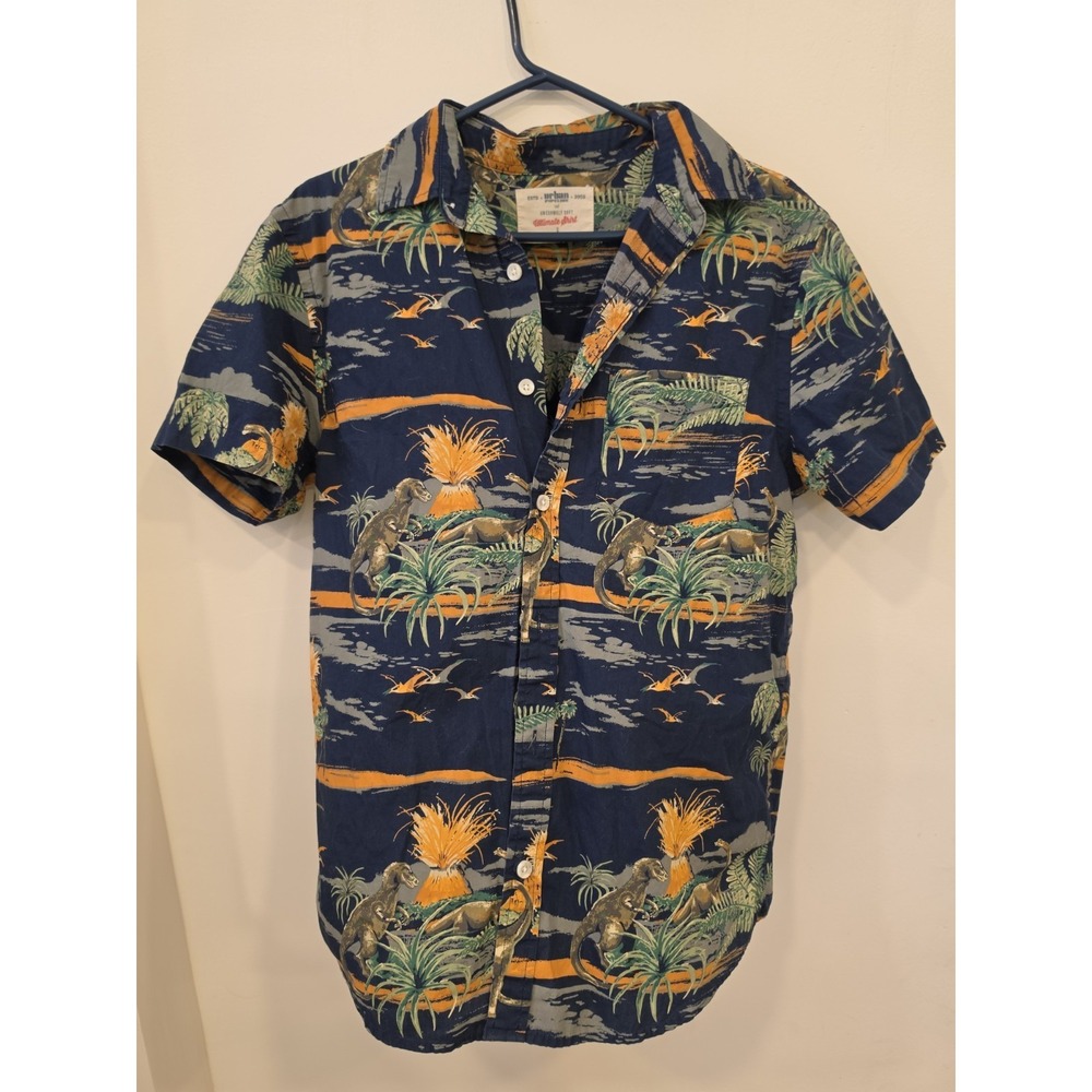 Urban Pipeline Shirt Men Small Blue Green Dinosaur Volcano Hawaiian 100% Cotton